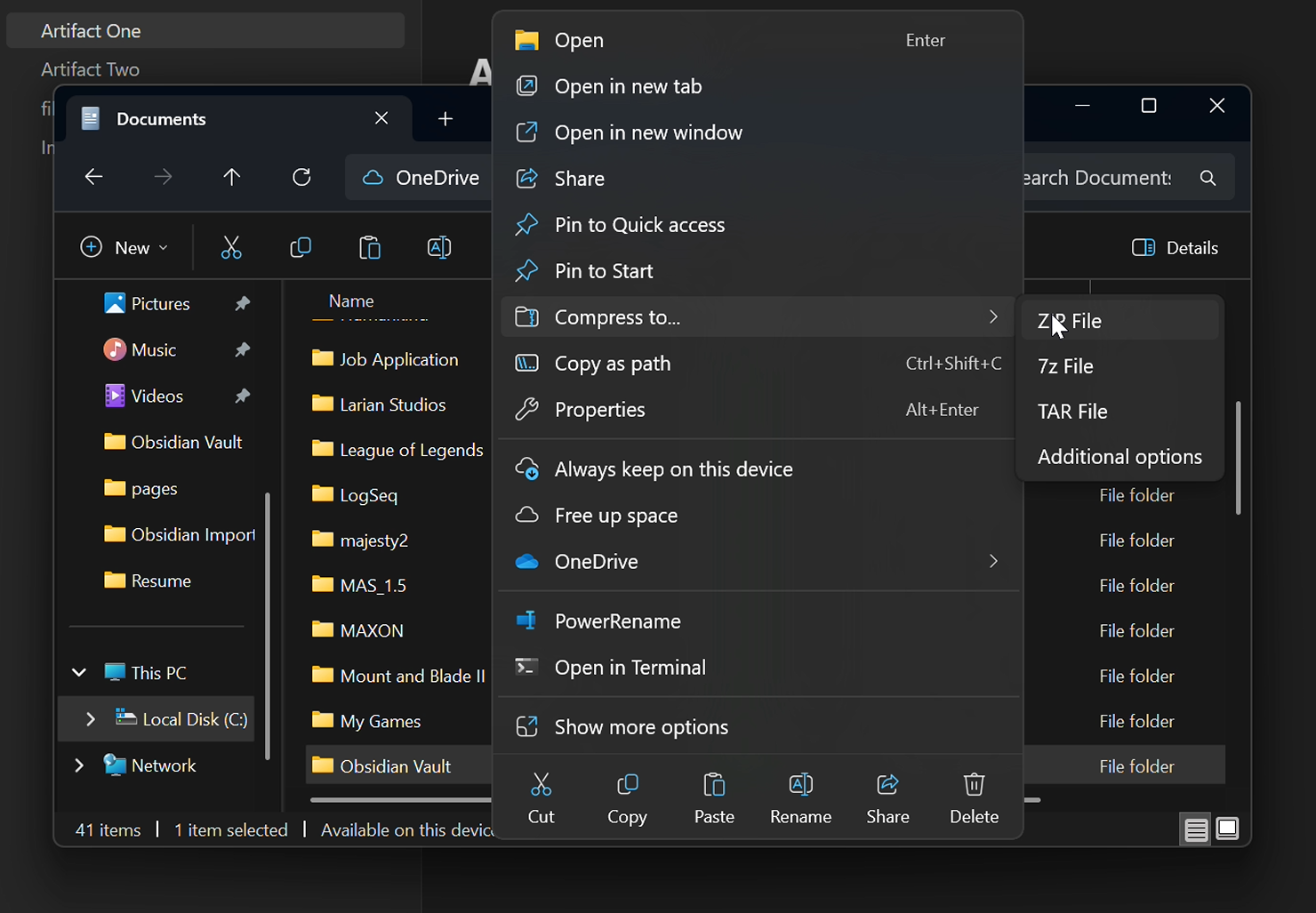 Cursor hovering compress to zip option for the Obsidian Vault folder