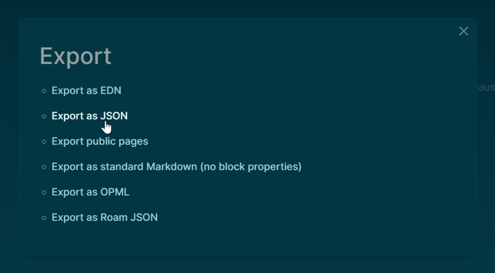 Cursor hovering Export as Json option in the Logseq popover