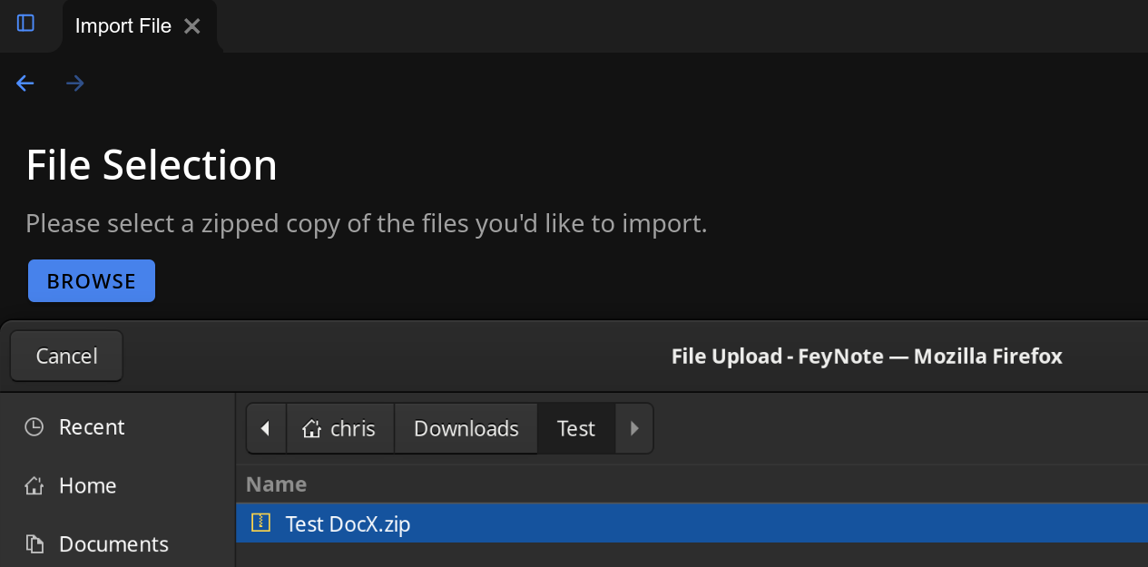 Feynote File Section page uploading the zipped file
