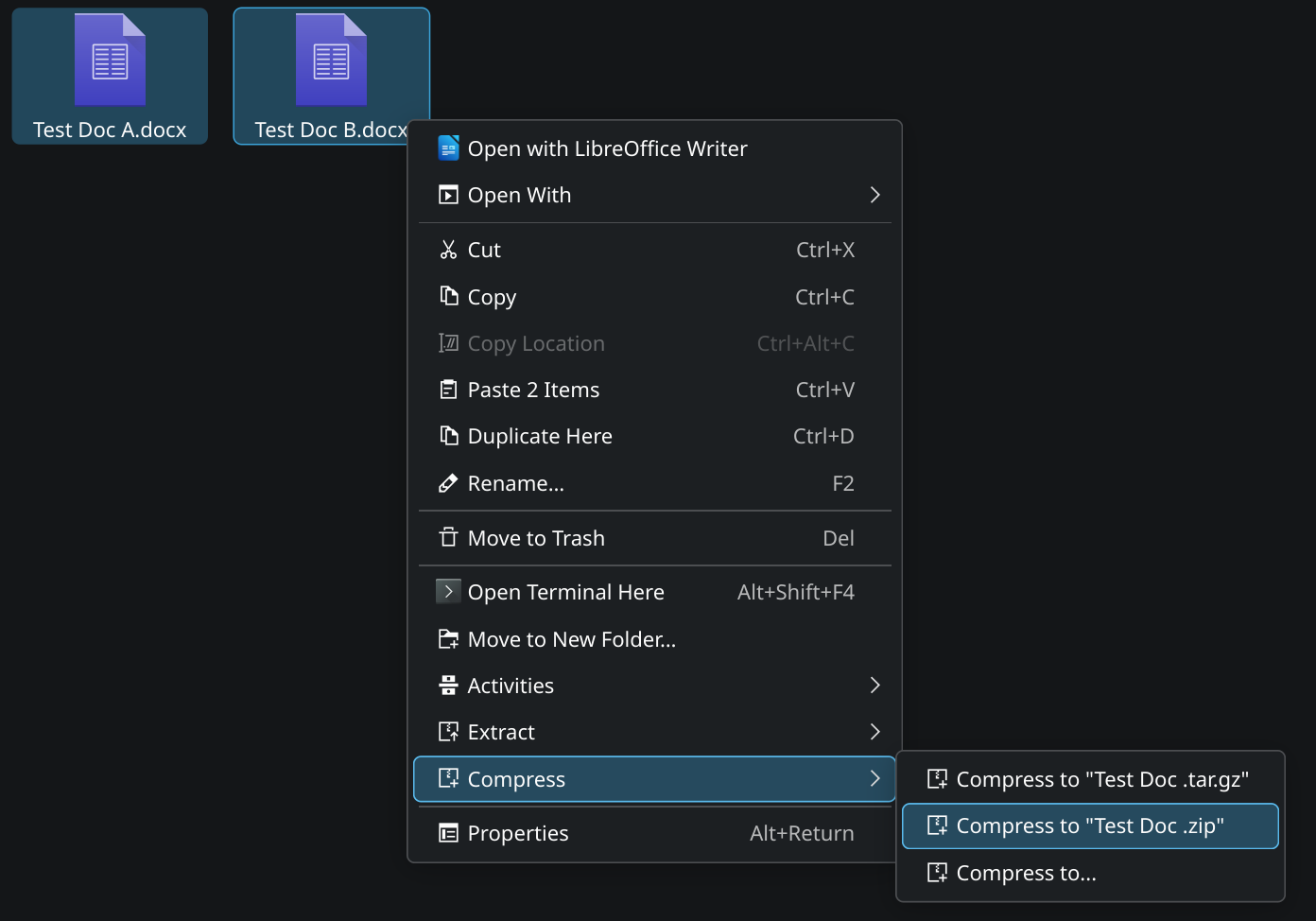 Cursor hovering over the compress to zip option in the file explorer