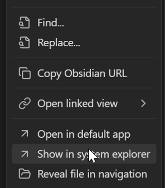 Cursor hovering Show In System Explorer option in the ellipsis dropdown